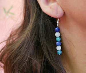 Boucles d'oreilles pendantes  "Triple Protection" Lapis Lazuli, Aigue Marine et Apatite