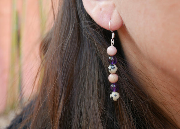 Boucles d'oreilles pendantes "Triple Protection" Améthyste, Jaspe Dalmatien et rhodochrosite