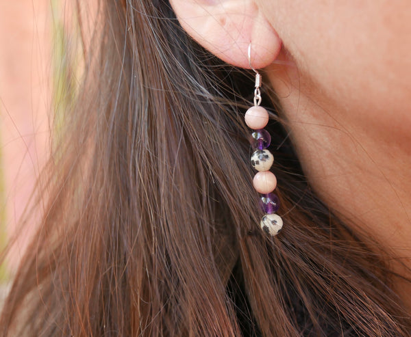 Boucles d'oreilles pendantes "Triple Protection" Améthyste, Jaspe Dalmatien et rhodochrosite