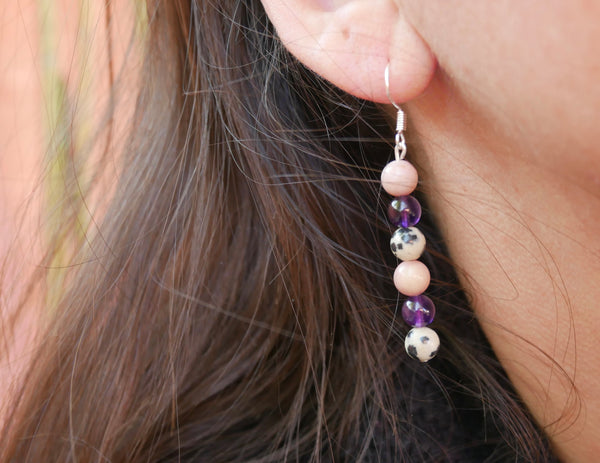 Boucles d'oreilles pendantes "Triple Protection" Améthyste, Jaspe Dalmatien et rhodochrosite