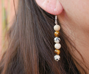 Boucles d'oreilles pendantes "Triple Protection" Oeil de Tigre, Jaspe Dalmatien et Jaspe paysage