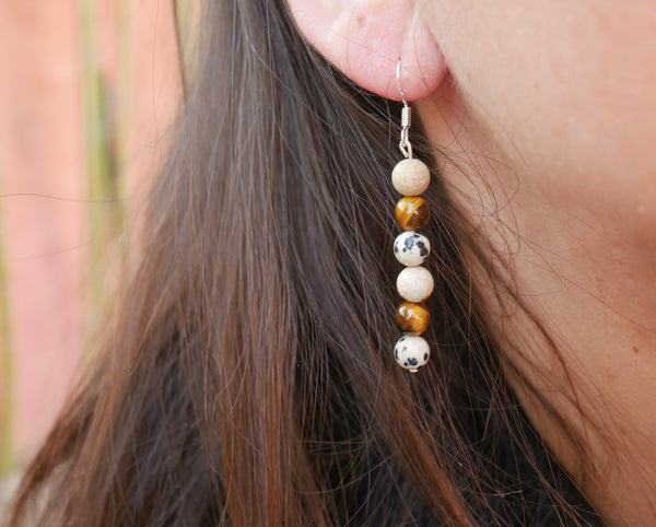 Boucles d'oreilles pendantes "Triple Protection" Oeil de Tigre, Jaspe Dalmatien et Jaspe paysage