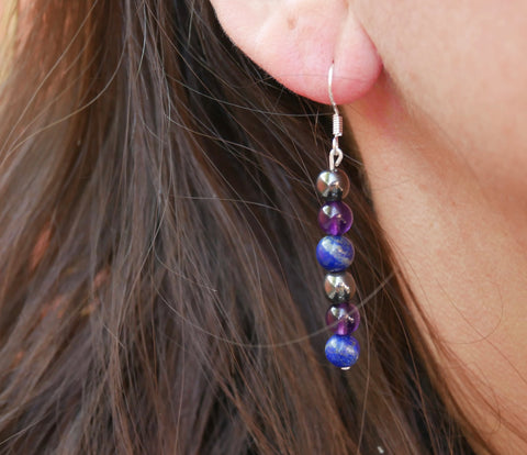 Boucles d'oreilles anti migraine et maux de tête en Hématite, Lapis Lazuli et Améthyste