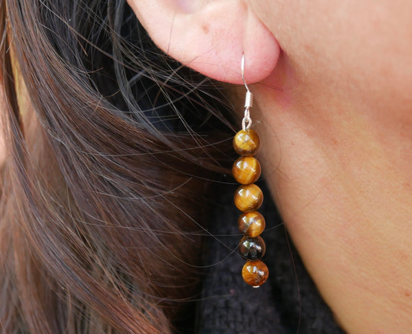 Boucles d'oreilles pendantes en Oeil de tigre naturel perles 6mm