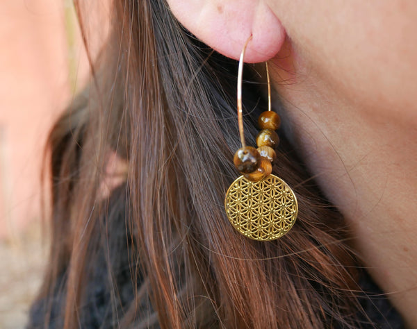 Boucles d'oreilles créoles en Oeil de Tigre et fleur de vie