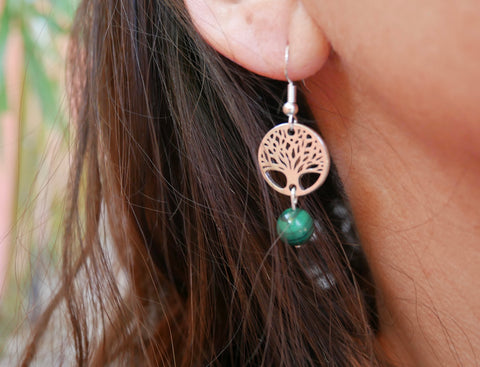Boucles d'oreilles pendantes en Malachite et arbre de vie