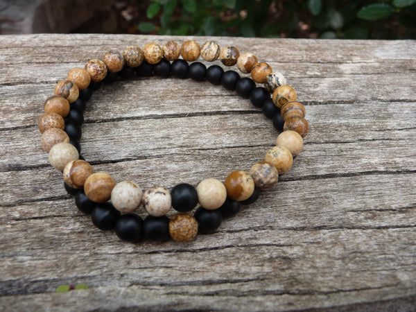 Bracelets élastiques de distance, de couple en Jaspe Image et Agate noire