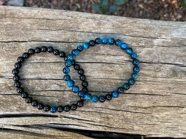 Bracelets élastiques de distance, de couple en Onyx et Oeil de Tigre bleu Turquoise