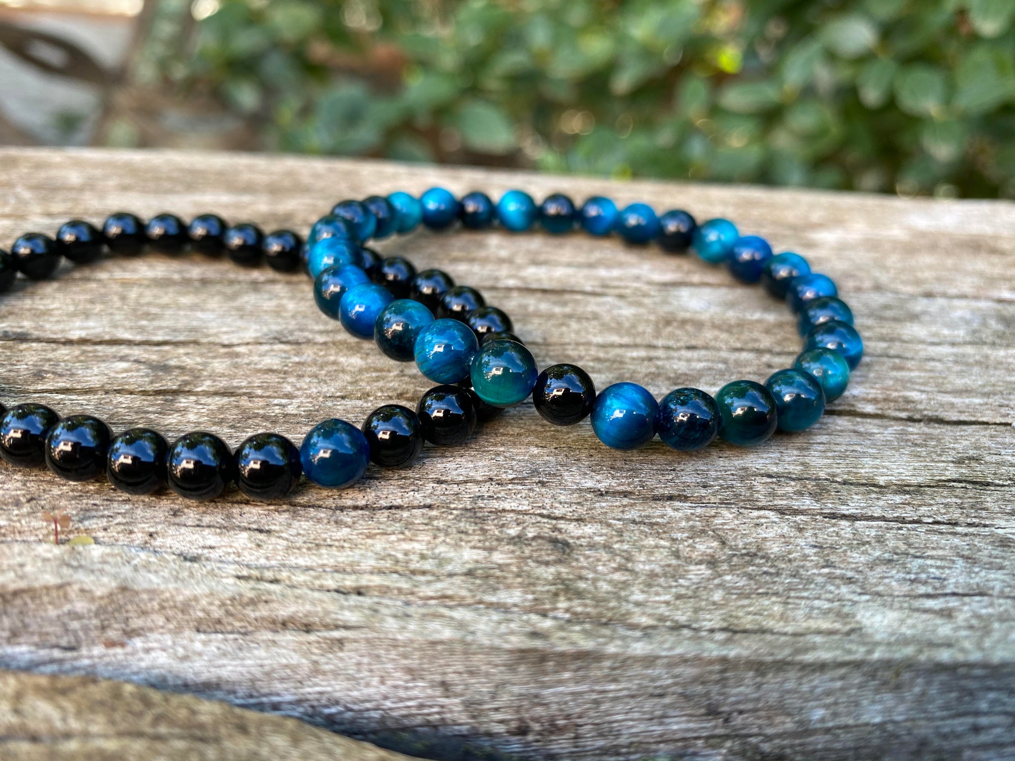 Bracelets élastiques de distance, de couple en Onyx et Oeil de Tigre bleu Turquoise